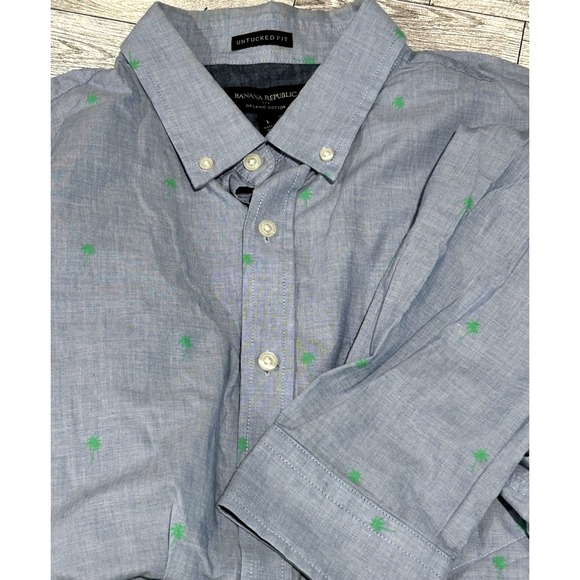 Banana Republic Blue AOP Palm trees Slim Untuck LongSleeve shirt Geometric LARGE - Picture 1 of 9